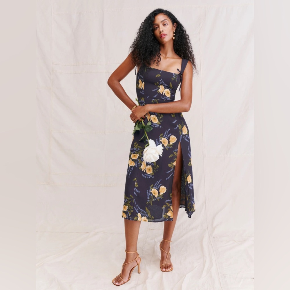 Reformation verena dress navy pattern (Petit Jardin) ribbon straps midi size 4